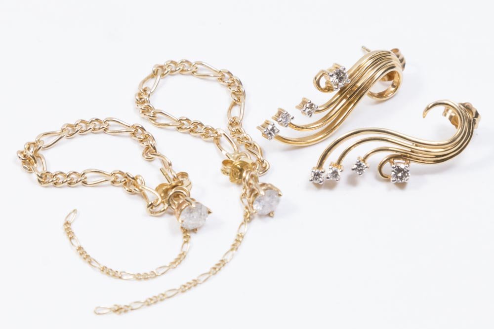 2 Pairs 14K Yellow Gold & Diamond Earrings (1 of 4)