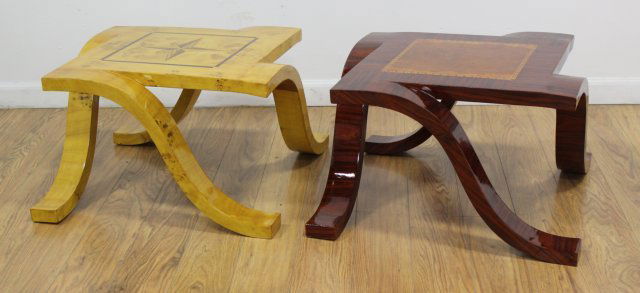 2 Art Deco Style Spider Leg Tea Tables: 1 burlwood and 1 rosewood style. Approx. 13" H x 26" square.