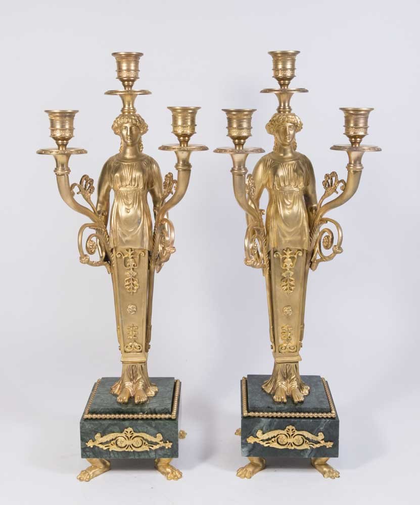 Pair Gilt Bronze Empire Style Figural Candlesticks (1 of 7)
