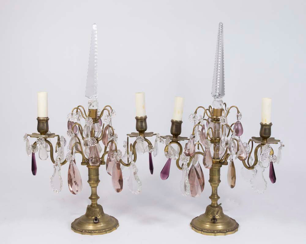 Pair Brass & Crystal French 2-Arm Candelabra Lamps (1 of 7)
