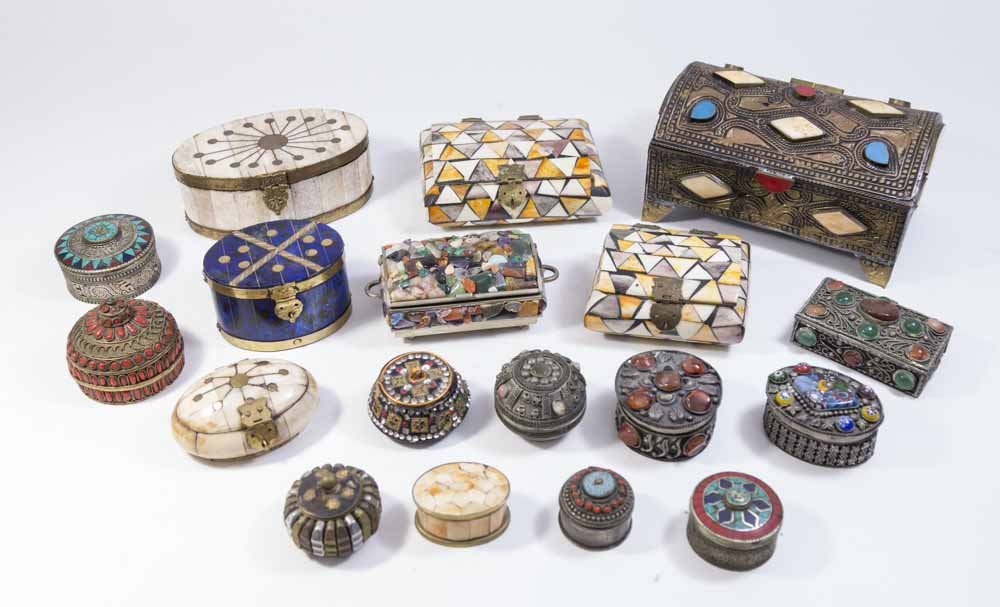Collection of Boxes: Including brass, bone, inlaid with stones. Various sizes and shapes. Approx. 18 boxes. From the estate of Roy S. Tanfield.