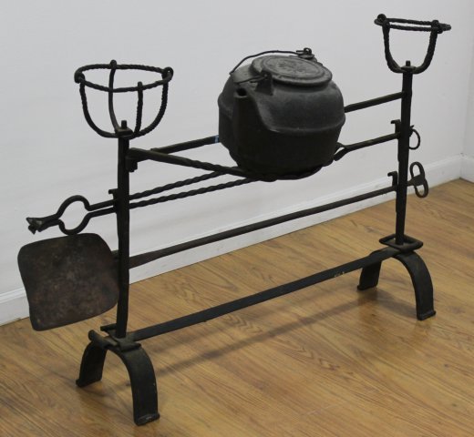 American 19th Century Andirons with Matched Pot: Rockford, Mass. From a Rumson, NJ estate.