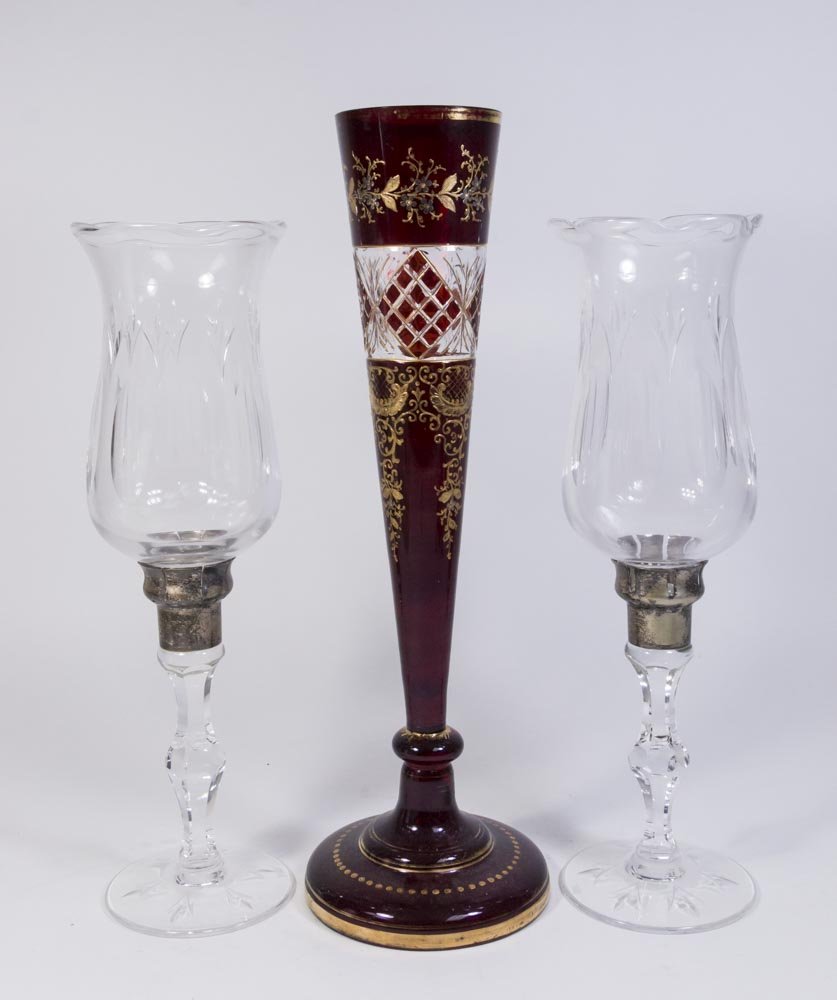 Pair Crystal Candlesticks & Glass Vase (1 of 6)