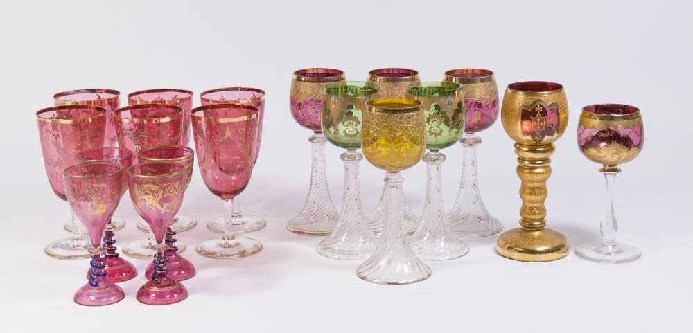 18 Various Goblets: Includes 2 sets of 6 and 2 odd. Gilt decoration. Circa 1900. Property of a Long Island, NY antique dealer.