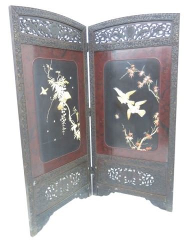 :2-Panel Chinese Carved & Enamel Screen: With bone birds and bamboo decoration. Approx. 70 1/2" H x 66" W total.