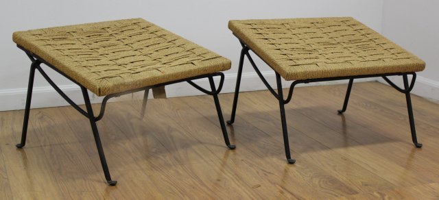 Pair Metal & Woven Footstools: Stamped Italy. J.B.S. tag.