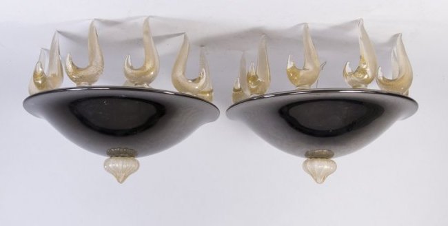 Pair Barovier Toso Murano Glass & Metal Sconces: Circa 1980. Approx. 13 3/4" W x 8 1/2" D. From The Workrooms and Showrooms of Greenbaum Interiors.
