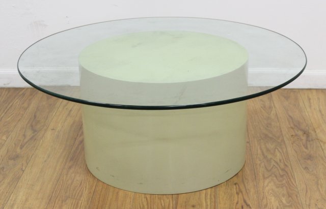 Milo Baughman for Thayer Coggin Drum Table: Lacquered. With glass top. Circa 1970. Approx. 14" H. (5120)