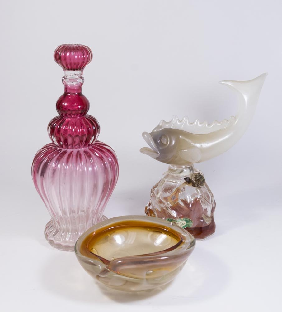 3 Murano Glass Objects: Including ashtray, possibly Barovier; fish decanter; and clear to rose decanter. Largest approx. 13 3/4" H. Property of a Long Island, NY antique dealer.