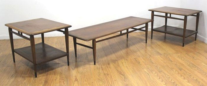 Andre Bus for Lane Set 3 Tables: From "Acclaim" series. Pair of side tables approx. 19 3/4" H x 28" W x 21" D top. Coffee table approx. 14 1/4" H x 55 3/4" L x 19" W. (5122)