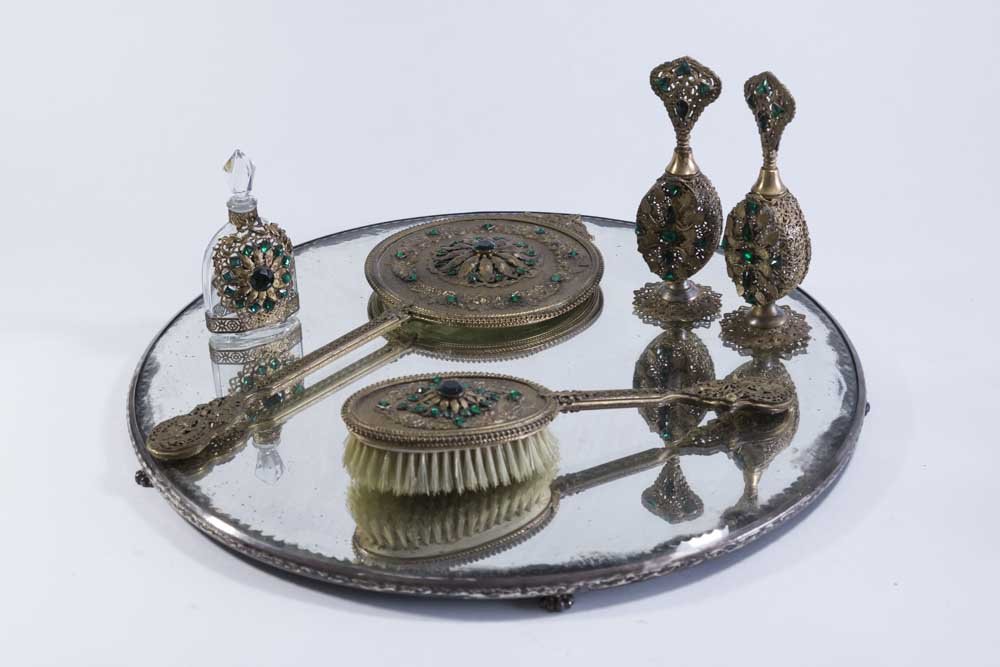 6 Piece Gilt Metal & Rhinestone Vanity Set (1 of 8)