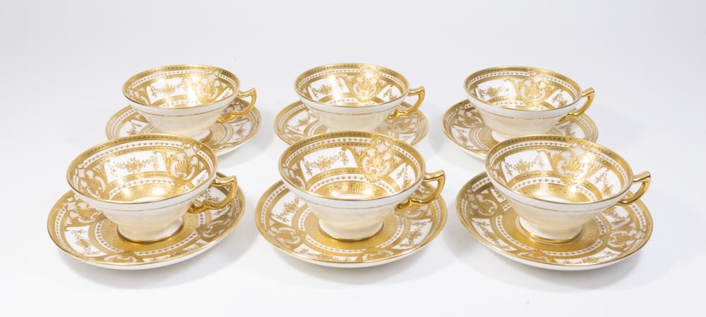 6 Mintons for Tiffany Gilt Tea Cups & Saucers: Porcelain. From an Englewood Cliffs mansion.