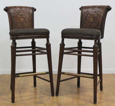 Pair Wood Bar Stools: 20th century. Approx. 40" H. From an Englewood Cliffs mansion. Slight damage to one.