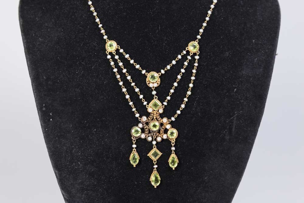 Gold, Seed Pearl, & Peridot Edwardian Necklace (1 of 3)