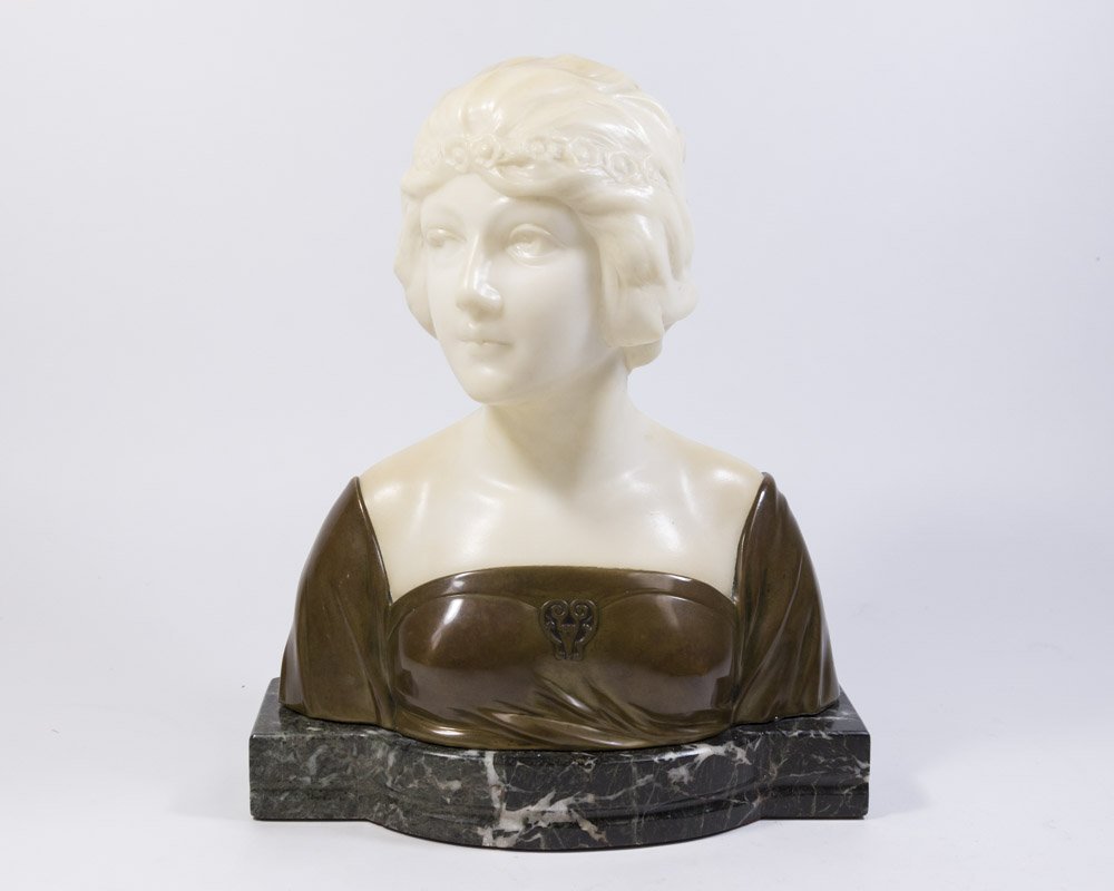 Suteur, Art Nouveau Alabaster & Bronze Bust: Signed on alabaster. Approx. 12" H with base, 10" W with base. From an Englewood Cliffs mansion.