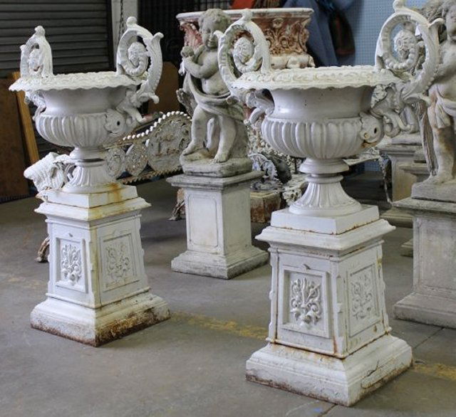 Pair Wrought Iron 2 Handled Urns on Stands (1 of 3)