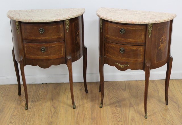 Pair French Demilune Marble Inlaid Commodes (1 of 4)