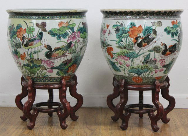Pair Chinese Porcelain Planters with Wood Stands (1 of 4)