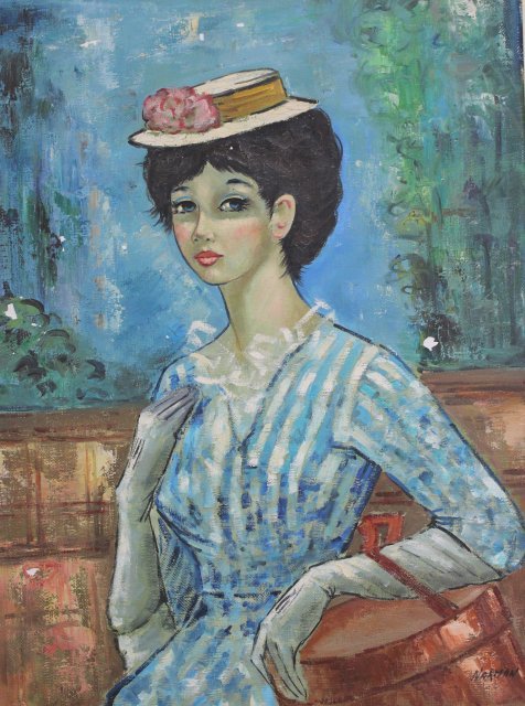 Norman, "Young Lady in Blue": Oil on canvas. Signed lower right. Approx. 30" H x 24" W unframed, 36" H x 30" W framed. From an Englewood Cliffs mansion. Paint losses.