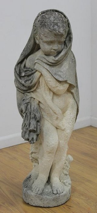 Cement Cherub: Approx. 38 1/2" H. From an Englewood Cliffs mansion. Wear and stains.