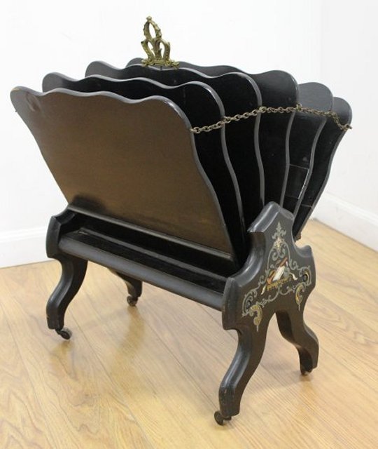 Victorian Mother of Pearl Inlaid Magazine Rack: Mid 19th century. Approx. 23 1/2" H x 16" W x 16 1/2" D. From the Gloria Crest estate. Inlays missing. Small chips in veneer.