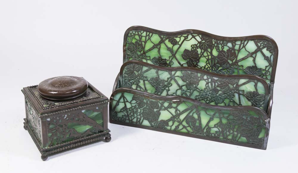Tiffany 2-Piece Slag Glass & Bronze Desk Set (1 of 4)