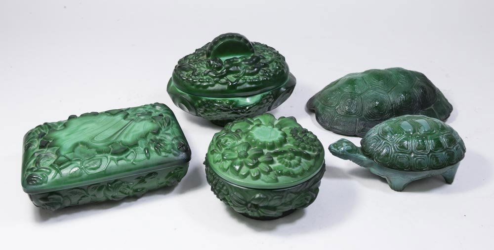 Lot 4 Green Malachite Glass Covered Boxes (1 of 6)