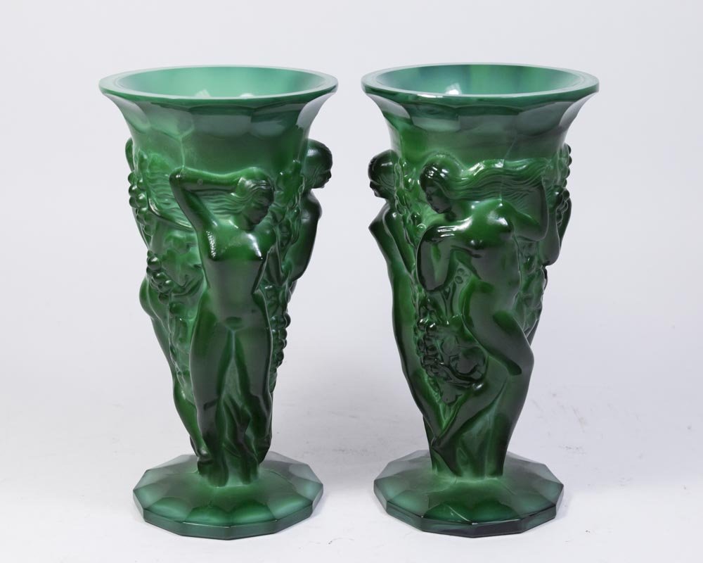 Pair Green Malachite Glass Figural Vases (1 of 4)