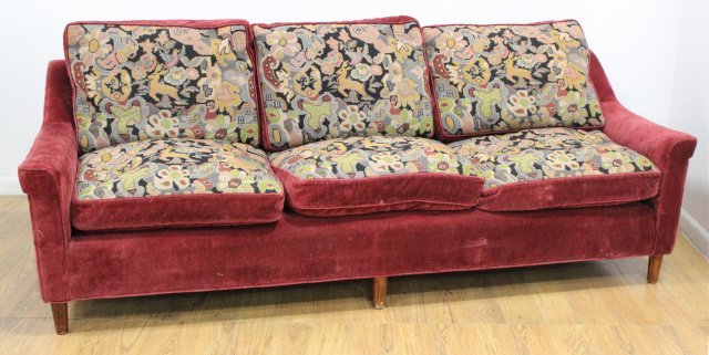Needlepoint & Burgundy Velvet Couch: Approx. 28 1/4" H x 88" W x 36" D. From an Englewood Cliffs mansion.