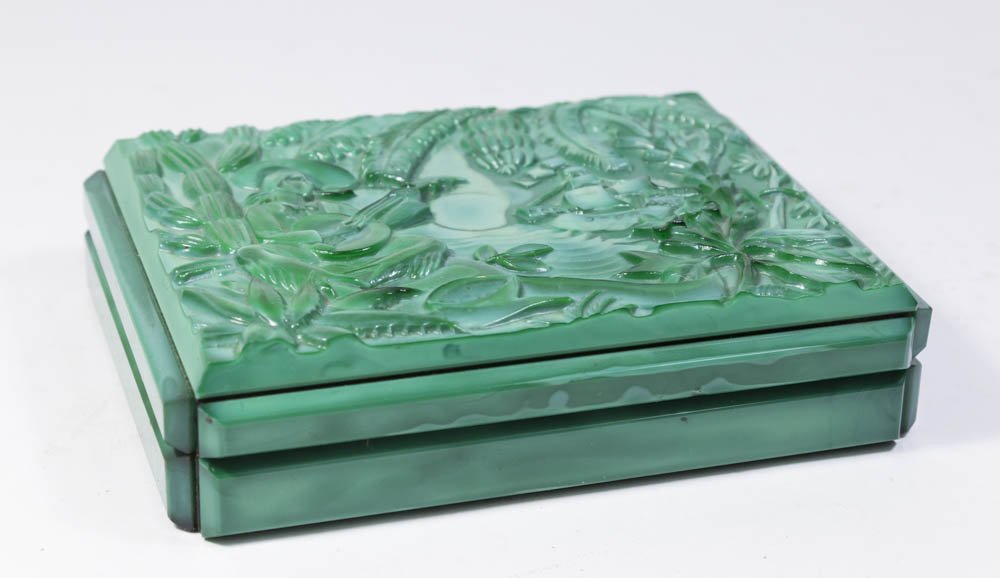 Green Malachite Glass Card Box: Caribbean decor with ship. Approx. 6 3/4" x 5 3/4". From the Gloria Crest estate.