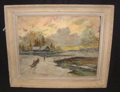 OIL ON BOARD WINTER BY BRIDGE BY KOROVIN: PAINTING. OIL ON BOARD RUSSIAN WINTER BY BRIDGE" BY CONSTANTIN KOROVIN APPROX. 16.5" X 13"
