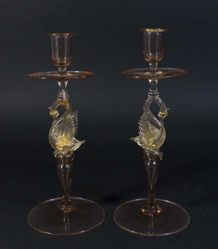 Pair Venetian Glass Candlesticks With Swans (1 of 5)