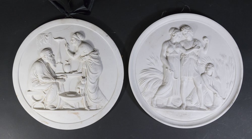 Pair Bing & Grondahl Plaques: Eneret. Unglazed porcelain. Approx. 11 1/2" diameter. (5155)