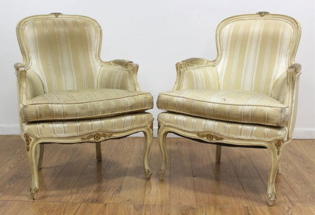 Pair Louis XV Style Cream Painted Armchairs (1 of 4)