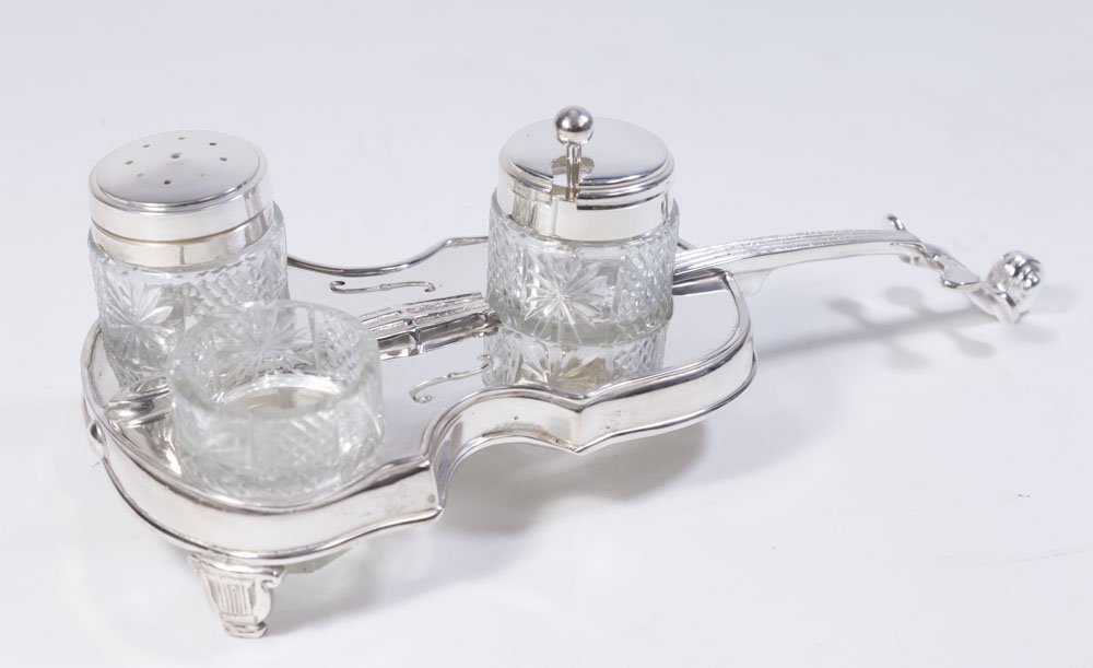 Silverplate Violin Cruet Set: Contemporary. Salt, pepper, and mustard. Approx. 3" H x 4" W x 9" L.