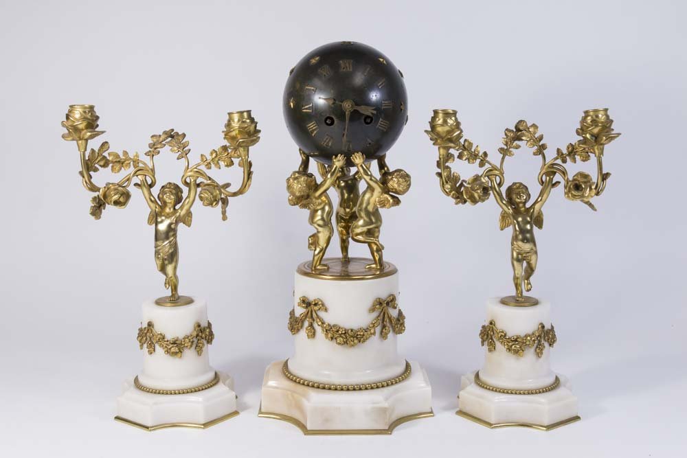 3 Piece Bronze & Marble 19th Century Clock Set (1 of 7)
