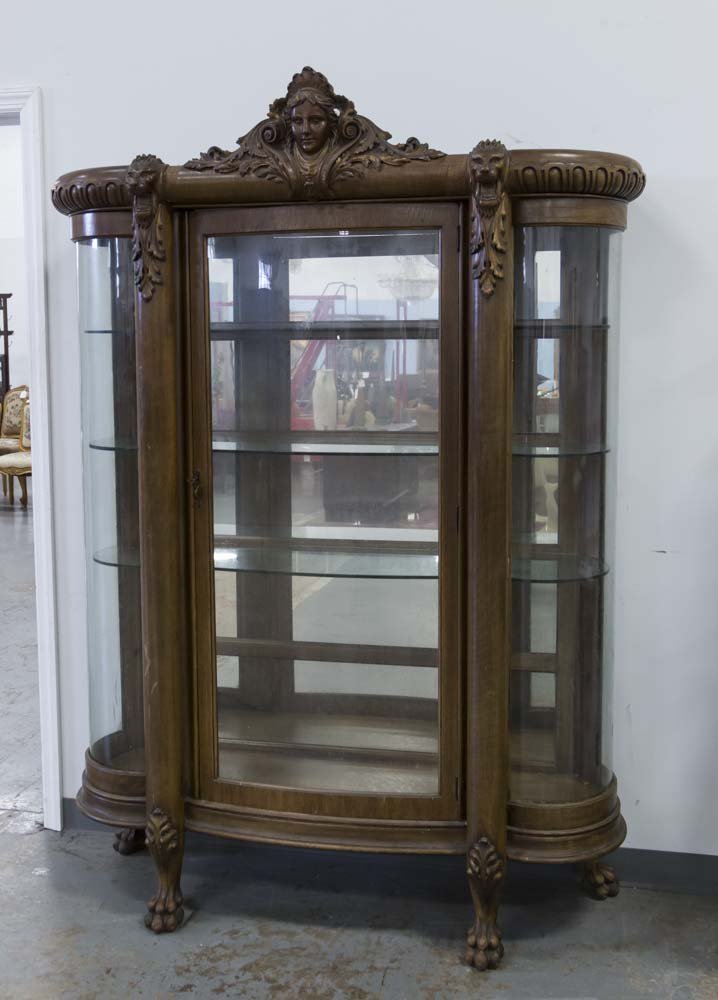 Carved Oak Curio with Round Glass & Applied Faces (1 of 7)