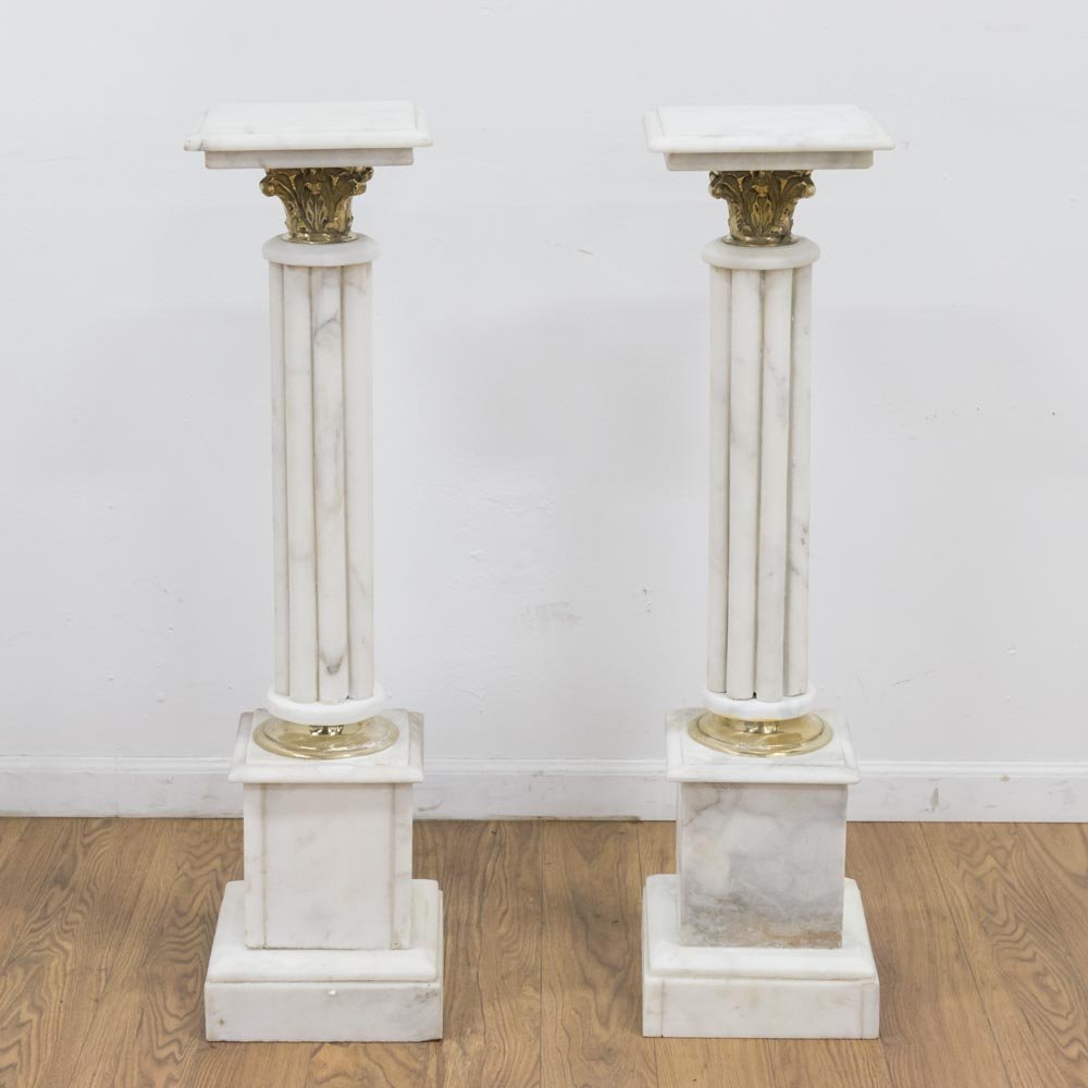 Pair White Marble Column Pedestals