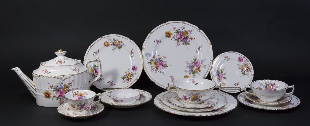 2 Royal Crown Derby Porcelain Part Dinner Services: Derby Posies pattern. Including 22 dinner plates, 20 salad plates, 23 bread plates, 21 soup bowls, 24 soup underplates, 14 cups, 21 saucers, teapot, and 1 small bowl. Dinner plates approx. 10 1/2" dia