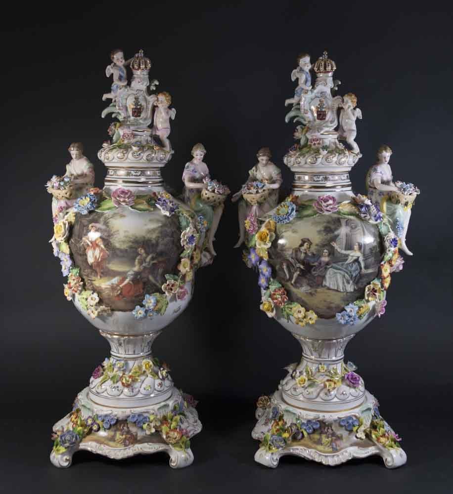 Pair Dresden Style Covered Porcelain Urns (1 of 10)