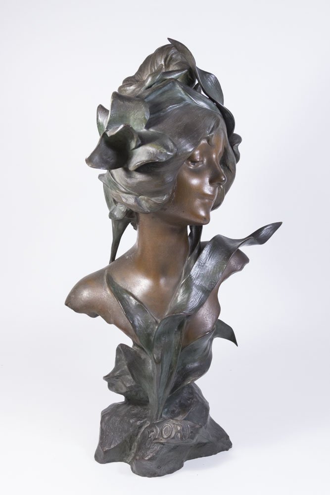 J. Causse, "Flore" Metal Bust of Lady: Late 19th to early 20th century. Approx. 20" H.