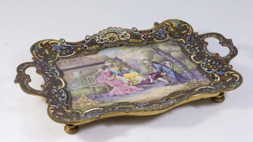 French Champleve & Porcelain Enameled Tray (1 of 5)
