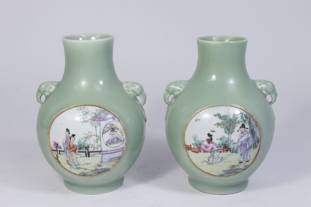 Pair Celadon Vases with Panel Scenes (1 of 6)