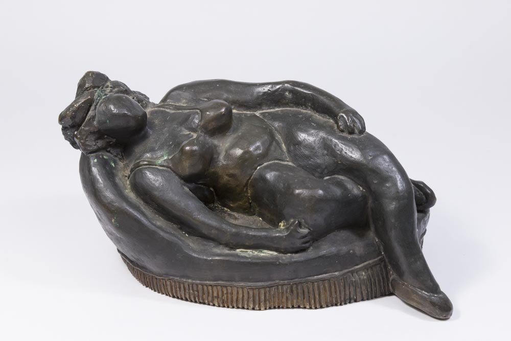 Bronze of Reclining Woman: Signed illegibly and dated '46. Approx. 6" H x 10" W.