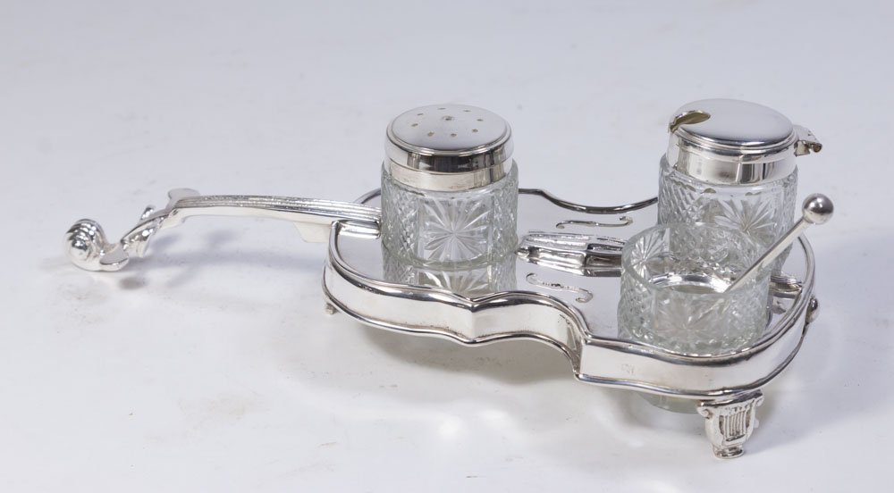 Silver Plated Violin Shape Cruet Set: Contemporary. Approx. 2 1/2" H x 9" L.