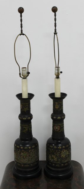 Pair Chinese Cloisonne Vases Mounted as Lamps (1 of 3)
