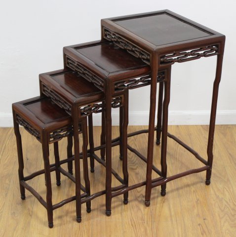 :Chinese Nest of Tables: Mahogany. Approx. 28" H x 16 1/4" W x 13 1/2" D.