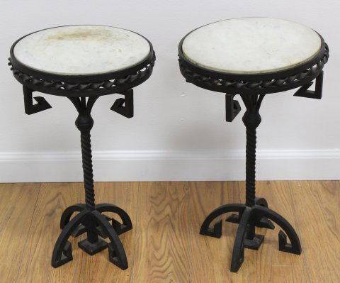 Pair Round Marble Top Wrought Iron Tables (1 of 2)