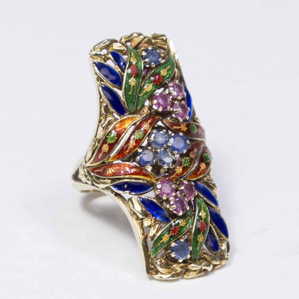 14K Gold, Enamel, & Semi-Precious Stone Large Ring (1 of 2)