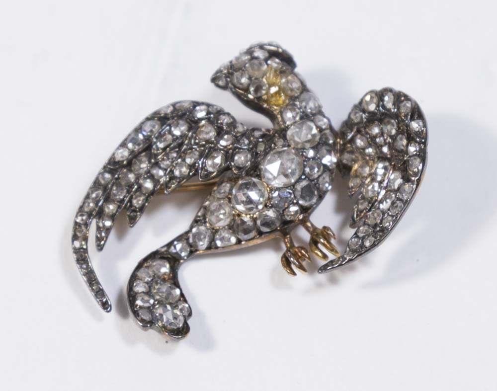 18K Gold Bird Pin with Miner's Cut Diamonds (1 of 2)